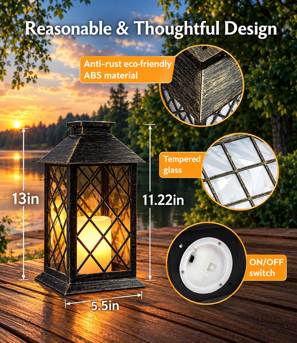 Set of 2 Solar Outdoor Lanterns – Antique Gold Flickering Candle Lights, 14 Inch