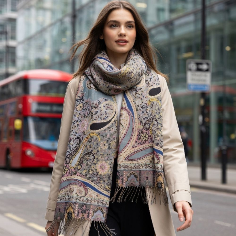 Premium Paisley Wool Shawl for Women – Elegant Printed Winter Wrap Scarf with Fringed Edges