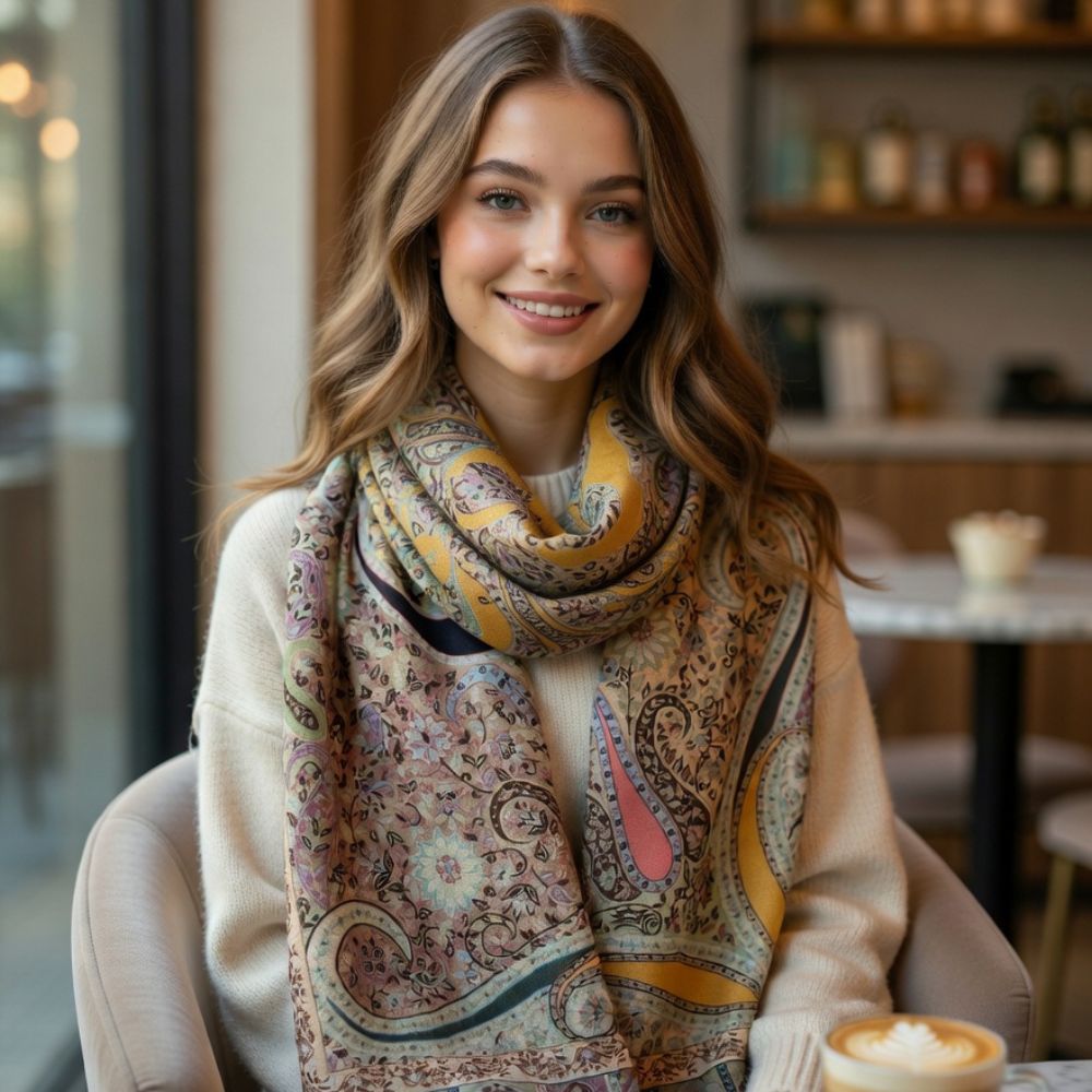 Premium Multicolor Paisley Wool Shawl for Women – Beige, Dusty Pink & Mustard Floral Printed Winter Wrap