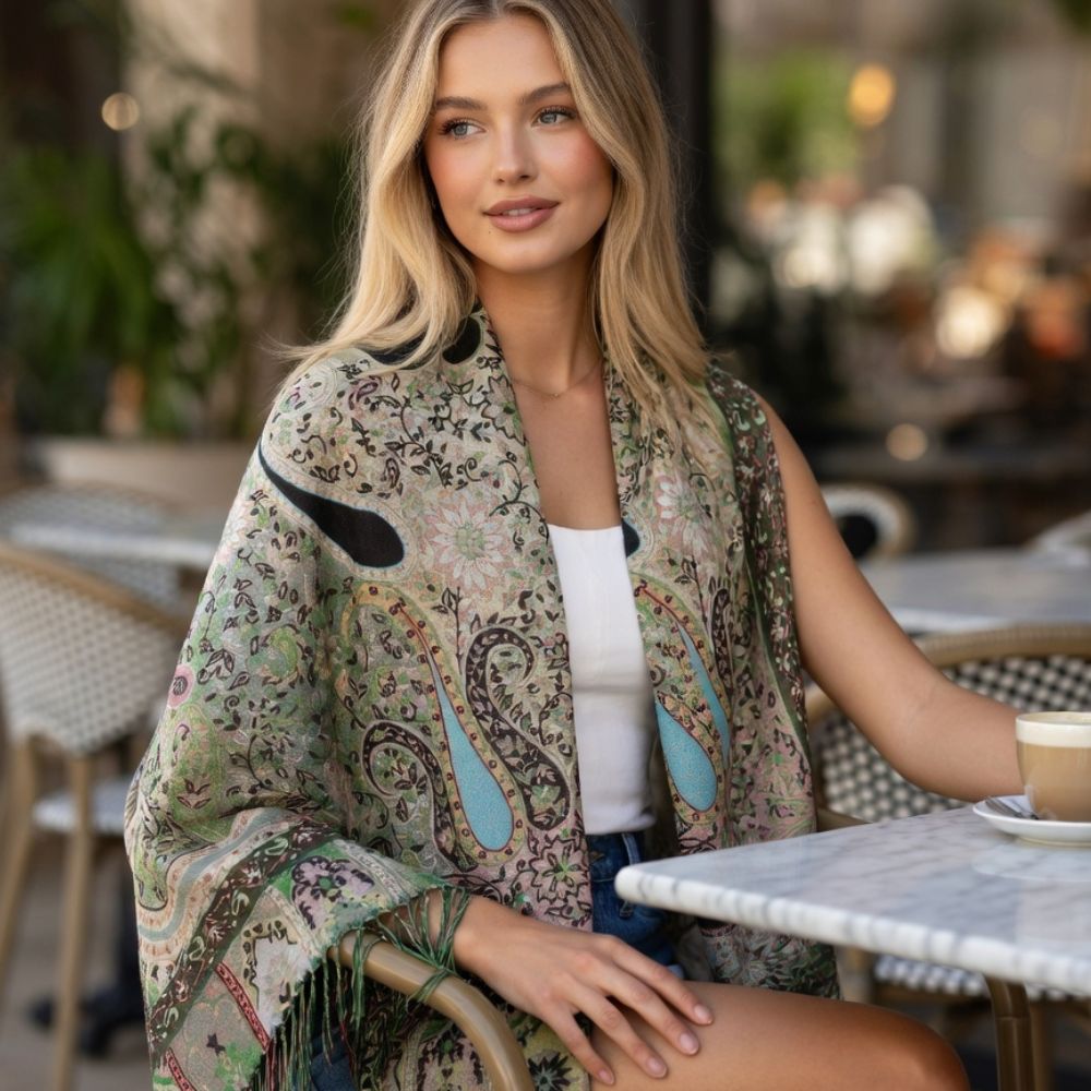 Premium Paisley Wool Shawl for Women – Elegant Printed Winter Wrap with Fringed Edges