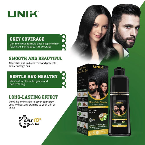 UNIK hair care product packaging with a man and woman, featuring text on gray coverage and product benefits.