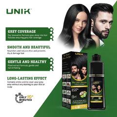 UNIK hair care product packaging with a man and woman, featuring text on gray coverage and product benefits.
