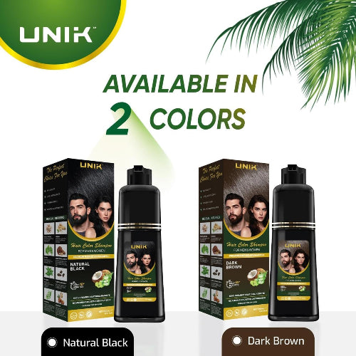 UNIK hair color shampoo with packaging and branding on a white background