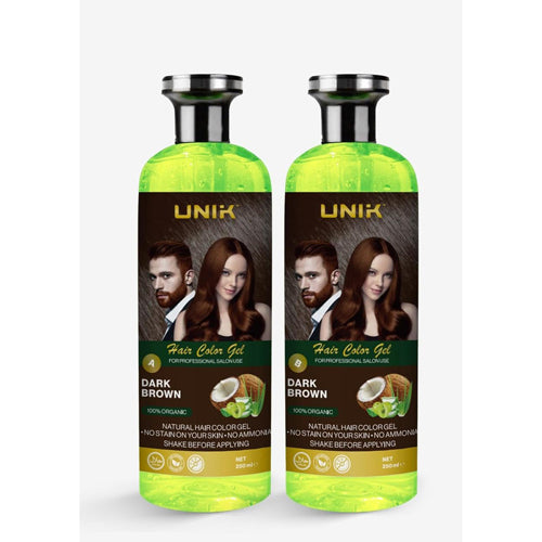 Two bottles of UNIK Dark Brown Hair Color Gel on a white background
