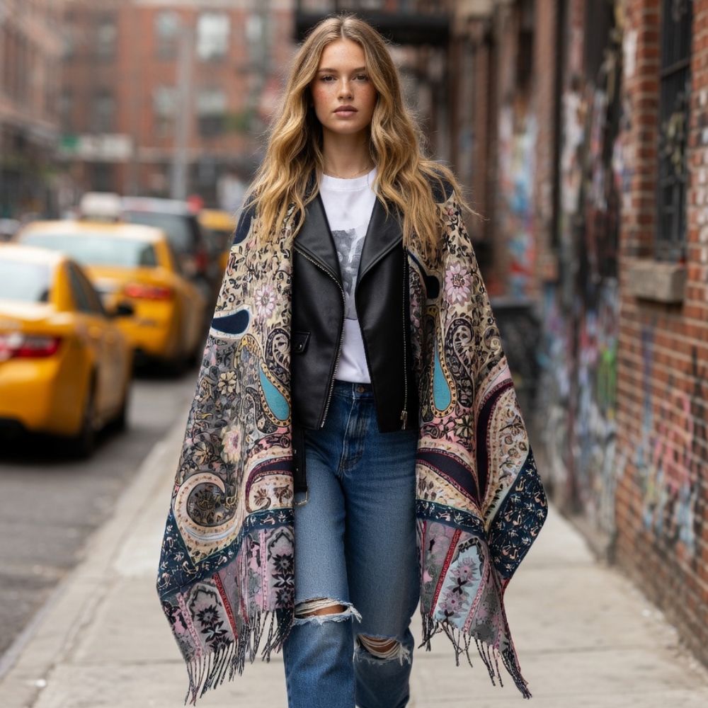 Premium Multicolor Paisley Wool Scarf for Women – Navy Blue, Pink & Beige Printed Winter Wrap with Fringes