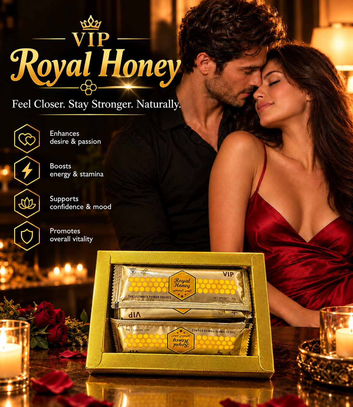 VIP Royal Honey Sachets – Honey, Ginseng & Maca Blend, 20g