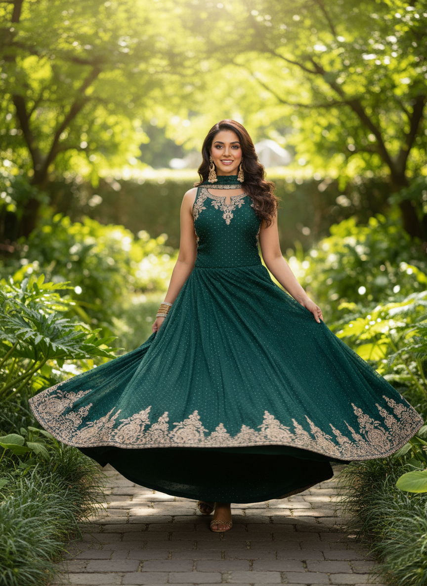SECRET SOLUTIONS - Luxury Emerald Dream Anarkali Gown Suit | Soft Flowy Silk Blend with Delicate Booti Work