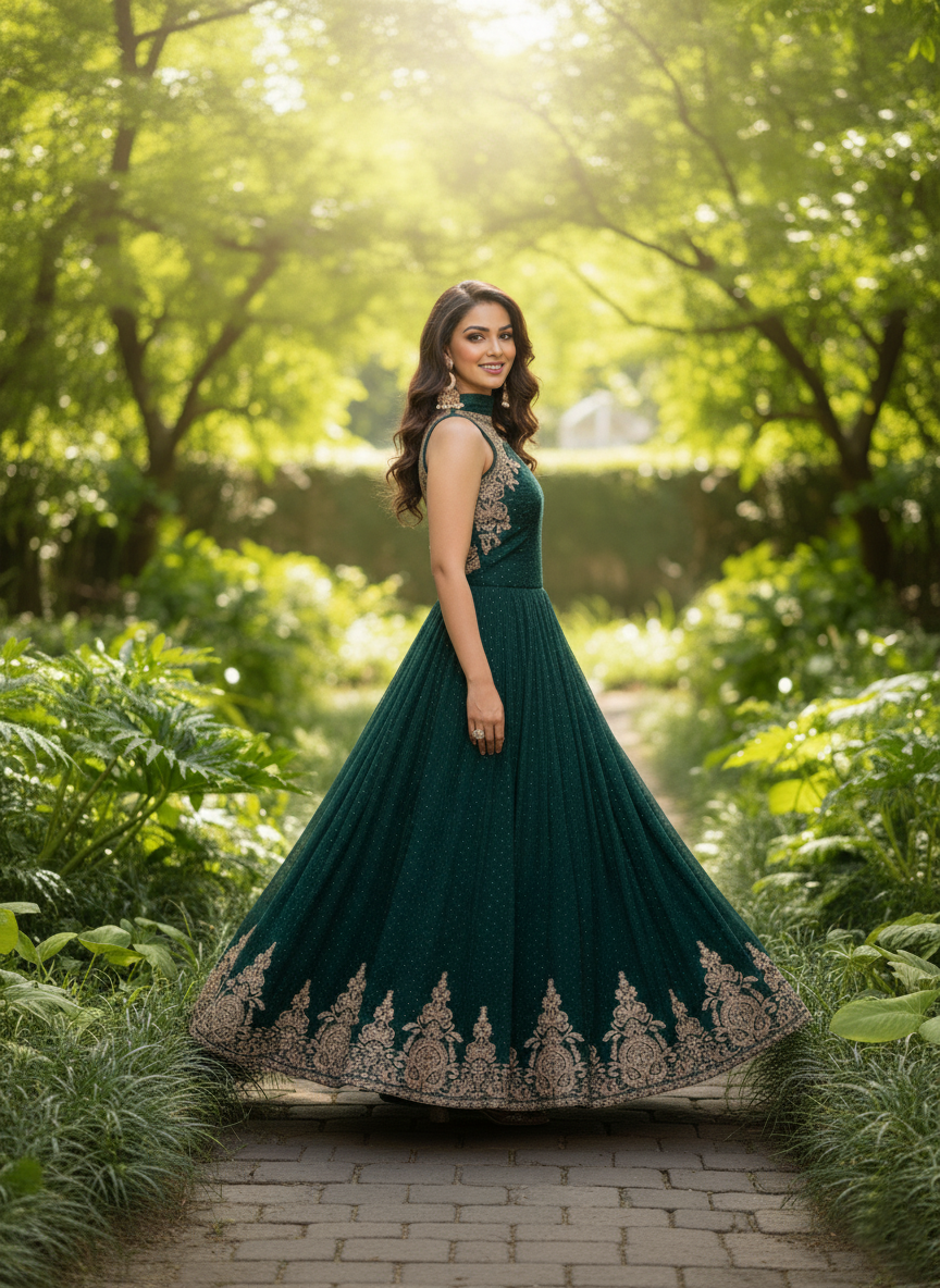 SECRET SOLUTIONS - Luxury Emerald Dream Anarkali Gown Suit | Soft Flowy Silk Blend with Delicate Booti Work