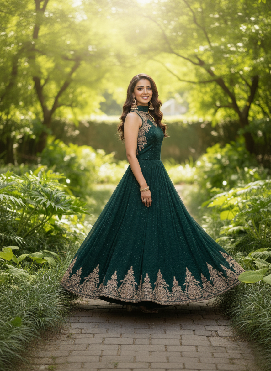 SECRET SOLUTIONS - Luxury Emerald Dream Anarkali Gown Suit | Soft Flowy Silk Blend with Delicate Booti Work
