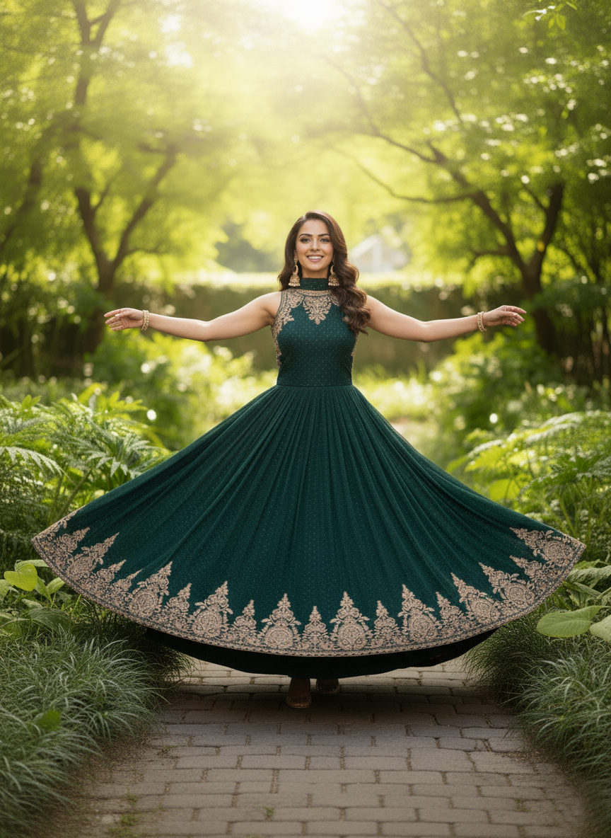 SECRET SOLUTIONS - Luxury Emerald Dream Anarkali Gown Suit | Soft Flowy Silk Blend with Delicate Booti Work