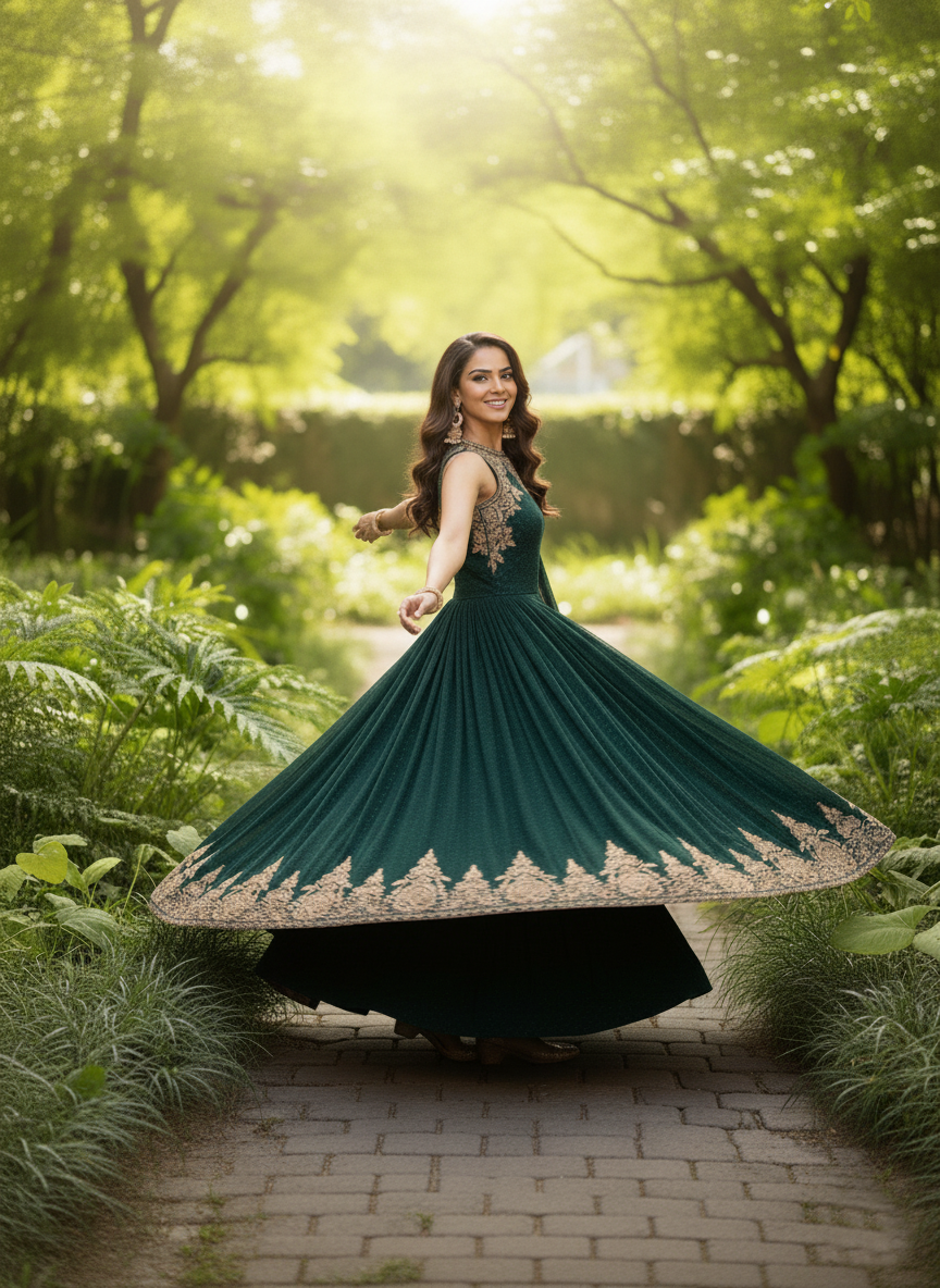 SECRET SOLUTIONS - Luxury Emerald Dream Anarkali Gown Suit | Soft Flowy Silk Blend with Delicate Booti Work