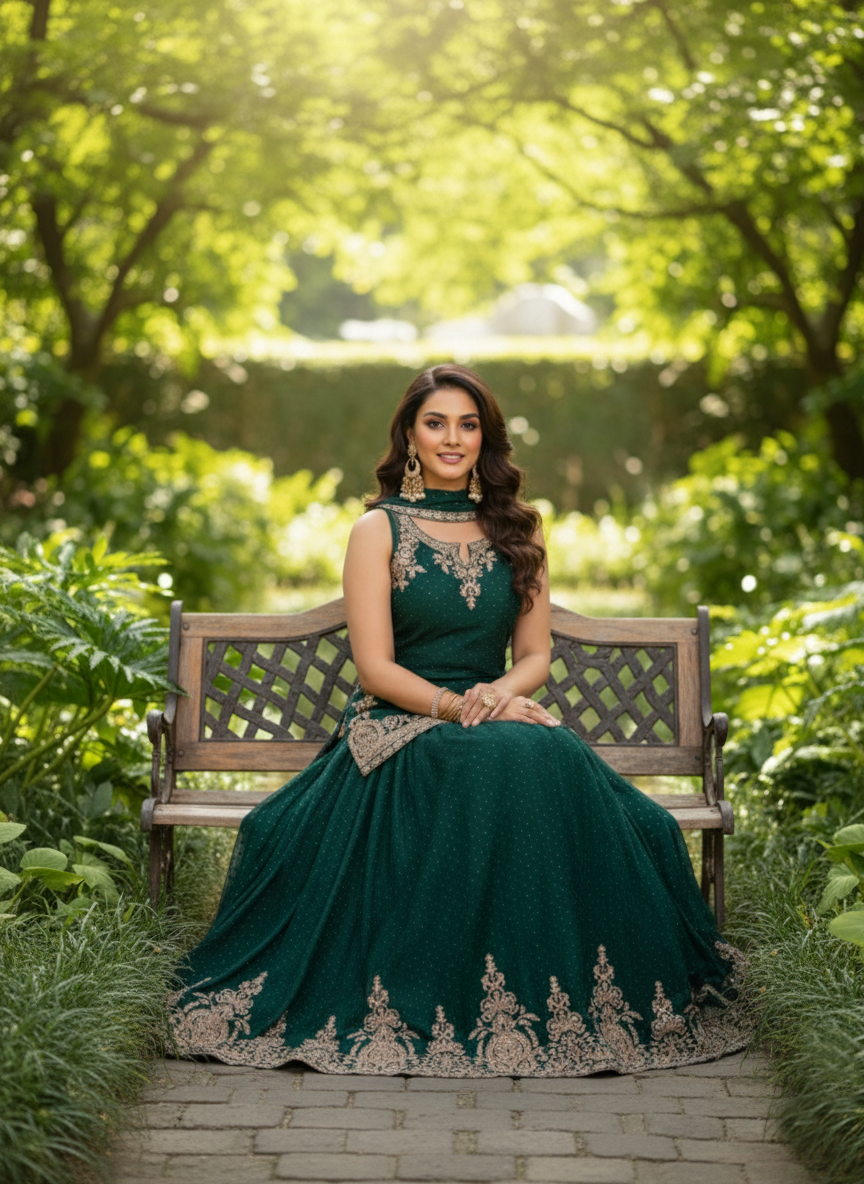 SECRET SOLUTIONS - Luxury Emerald Dream Anarkali Gown Suit | Soft Flowy Silk Blend with Delicate Booti Work