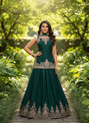 SECRET SOLUTIONS - Luxury Emerald Dream Anarkali Gown Suit | Soft Flowy Silk Blend with Delicate Booti Work