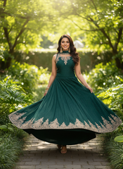SECRET SOLUTIONS - Luxury Emerald Dream Anarkali Gown Suit | Soft Flowy Silk Blend with Delicate Booti Work