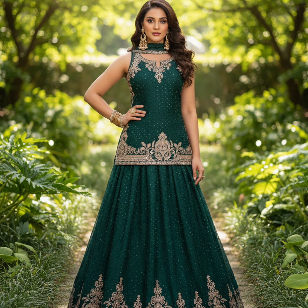 SECRET SOLUTIONS - Luxury Emerald Dream Anarkali Gown Suit | Soft Flowy Silk Blend with Delicate Booti Work