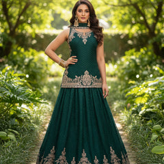 SECRET SOLUTIONS - Luxury Emerald Dream Anarkali Gown Suit | Soft Flowy Silk Blend with Delicate Booti Work