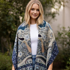 Premium Navy Blue Paisley Wool Scarf for Women – Elegant Printed Winter Wrap with Fringed Edges