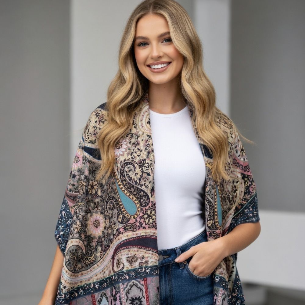 Premium Multicolor Paisley Wool Scarf for Women – Navy Blue, Pink & Beige Printed Winter Wrap with Fringes