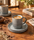 Stoneware Espresso Cups and Saucers Set of 4 – Reactive Glaze Coffee Cup Set