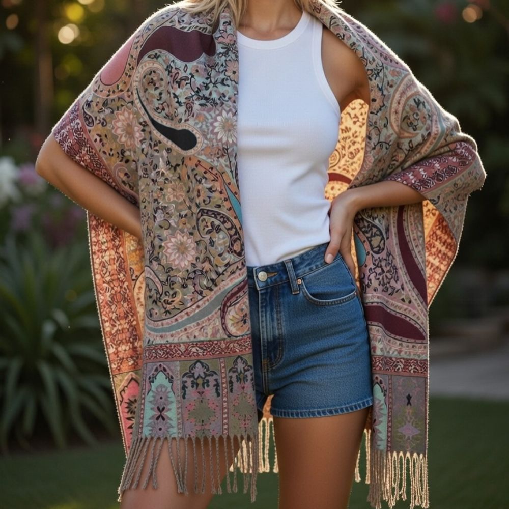 Premium Paisley Wool Shawl for Women – Elegant Printed Winter Wrap with Fringed Edges