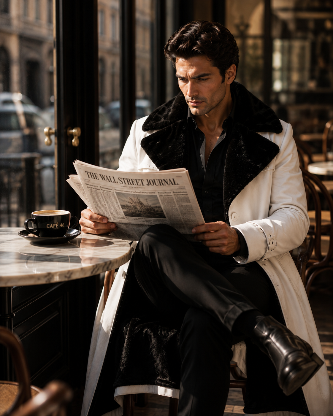 HAMS™ Men’s Genuine Cowhide Leather Long Trench Coat, White Leather Coat with Black Fur Collar, Full-Length Luxury Formal Outerwear