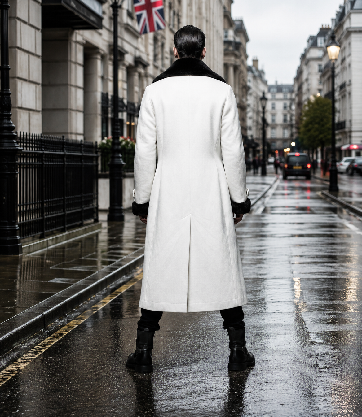 HAMS™ Men’s Genuine Cowhide Leather Long Trench Coat, White Leather Coat with Black Fur Collar, Full-Length Luxury Formal Outerwear