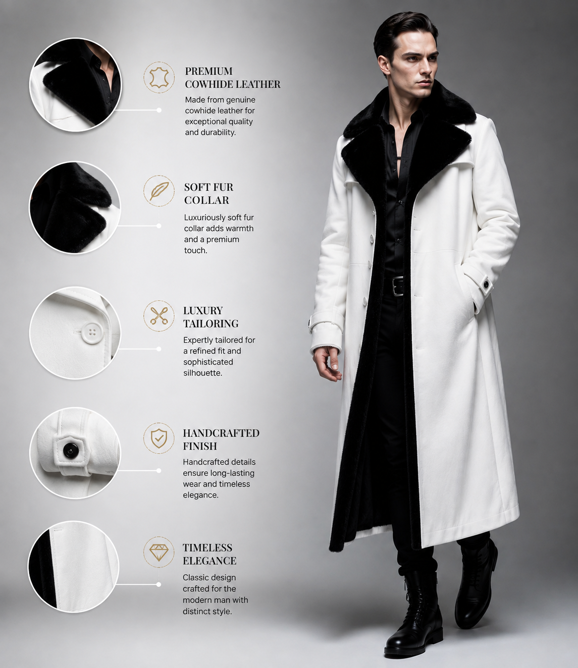 HAMS™ Men’s Genuine Cowhide Leather Long Trench Coat, White Leather Coat with Black Fur Collar, Full-Length Luxury Formal Outerwear