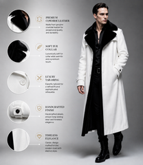 HAMS™ Men’s Genuine Cowhide Leather Long Trench Coat, White Leather Coat with Black Fur Collar, Full-Length Luxury Formal Outerwear