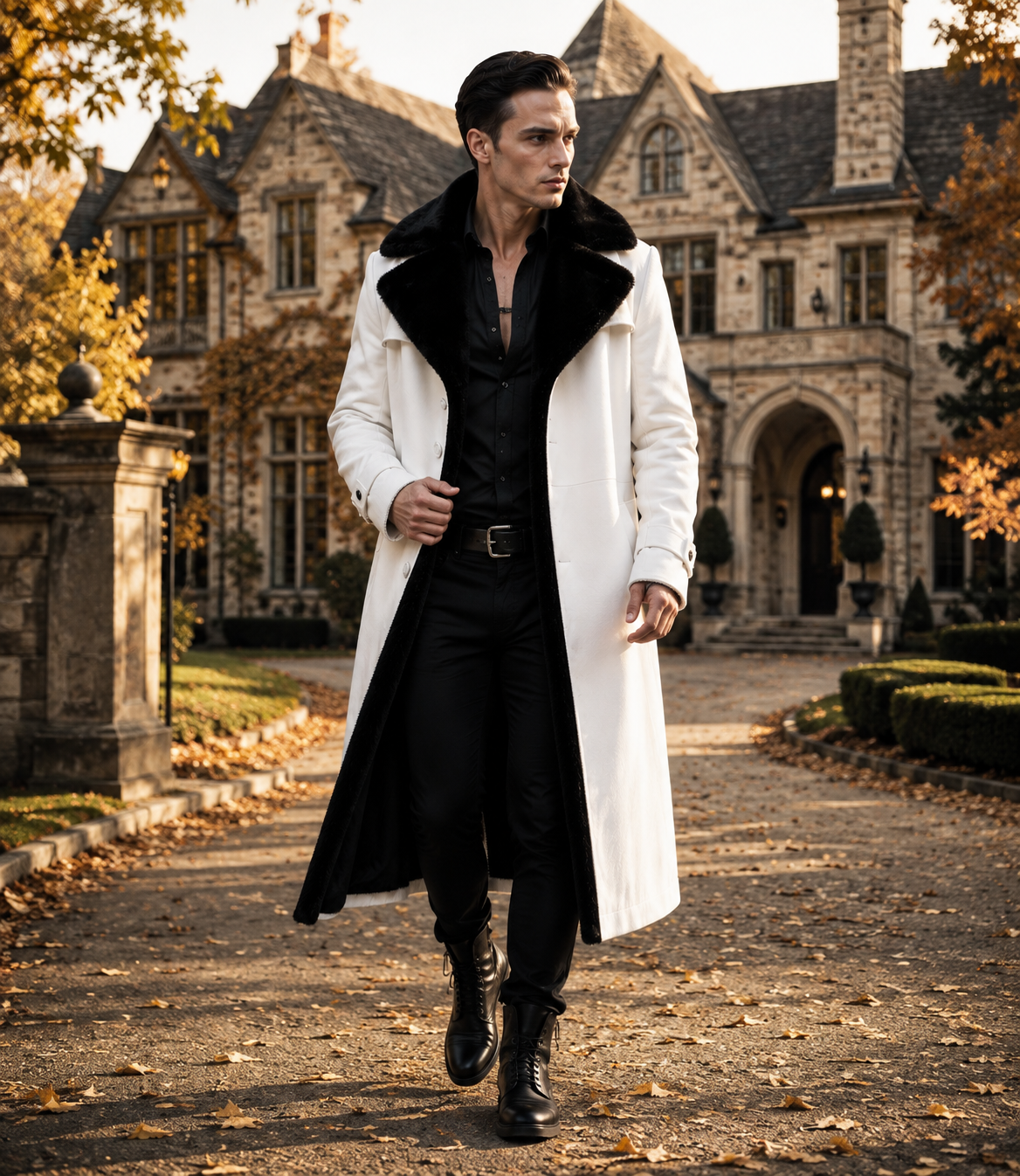 HAMS™ Men’s Genuine Cowhide Leather Long Trench Coat, White Leather Coat with Black Fur Collar, Full-Length Luxury Formal Outerwear