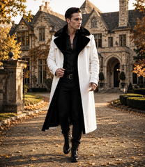 HAMS™ Men’s Genuine Cowhide Leather Long Trench Coat, White Leather Coat with Black Fur Collar, Full-Length Luxury Formal Outerwear