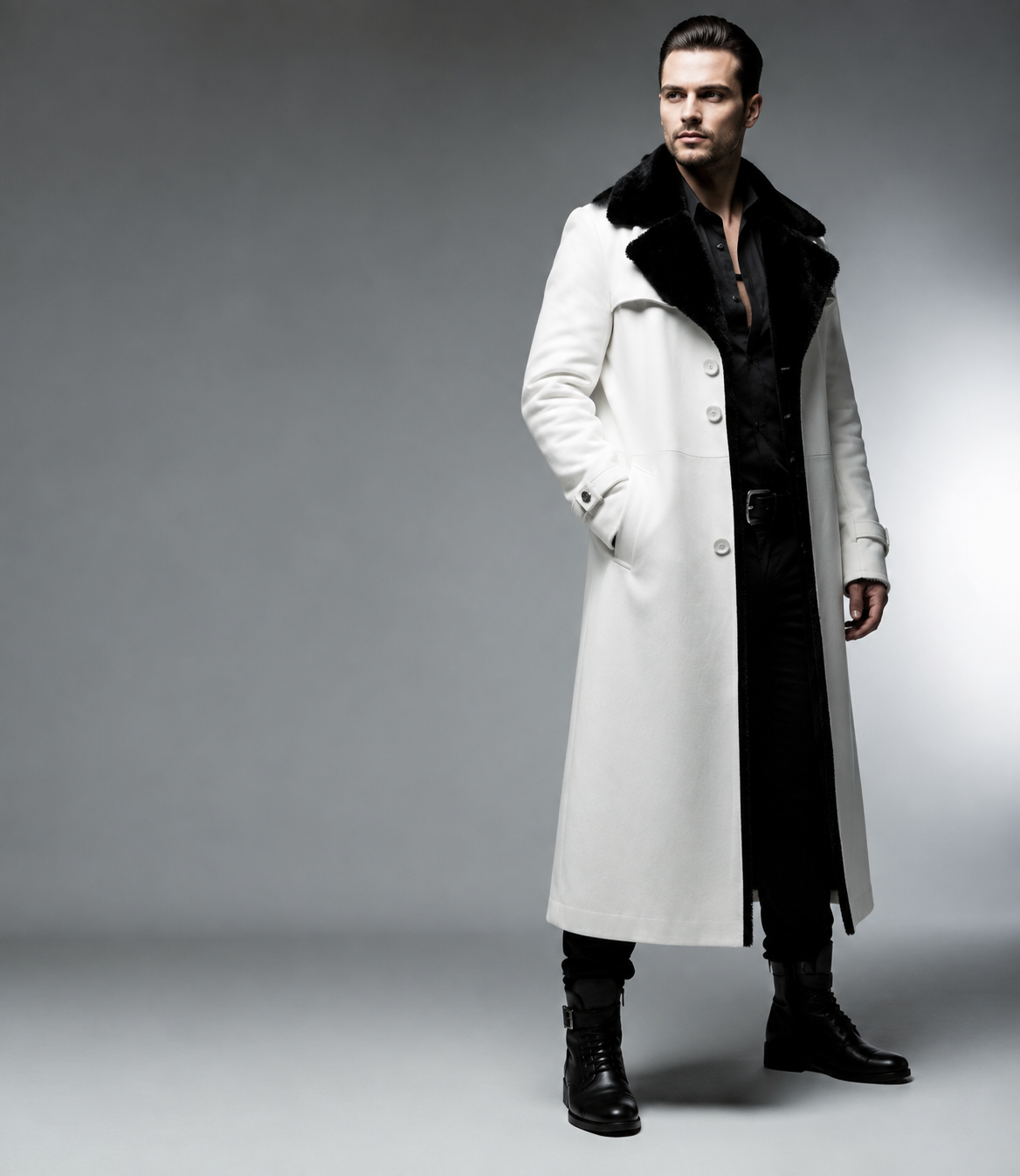 HAMS™ Men’s Genuine Cowhide Leather Long Trench Coat, White Leather Coat with Black Fur Collar, Full-Length Luxury Formal Outerwear