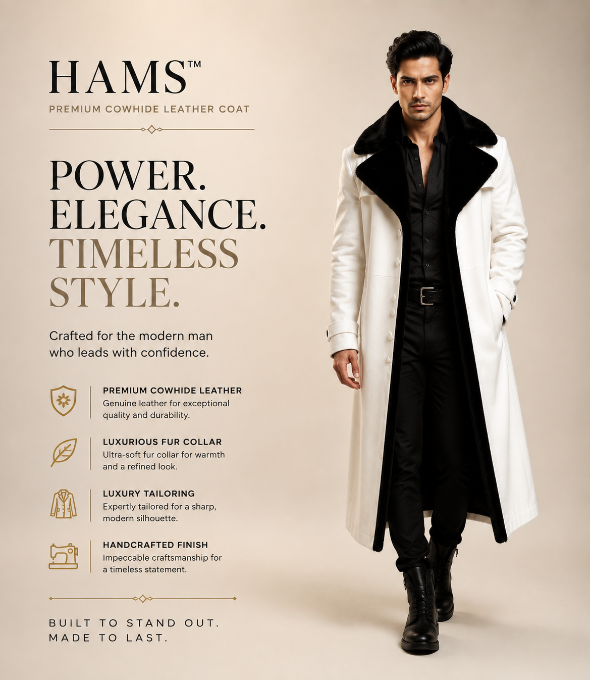 HAMS™ Men’s Genuine Cowhide Leather Long Trench Coat, White Leather Coat with Black Fur Collar, Full-Length Luxury Formal Outerwear