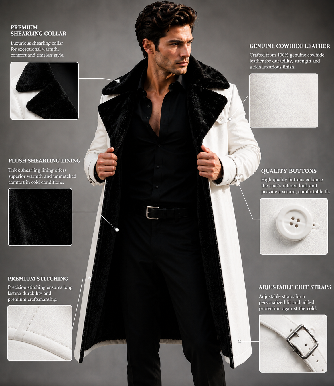 HAMS™ Men’s Genuine Cowhide Leather Long Trench Coat, White Leather Coat with Black Fur Collar, Full-Length Luxury Formal Outerwear