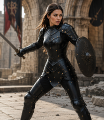 HAMS Women's Genuine Cow Leather Medieval Knight Armor Set – Handmade Black LARP, Renaissance & Cosplay Costume