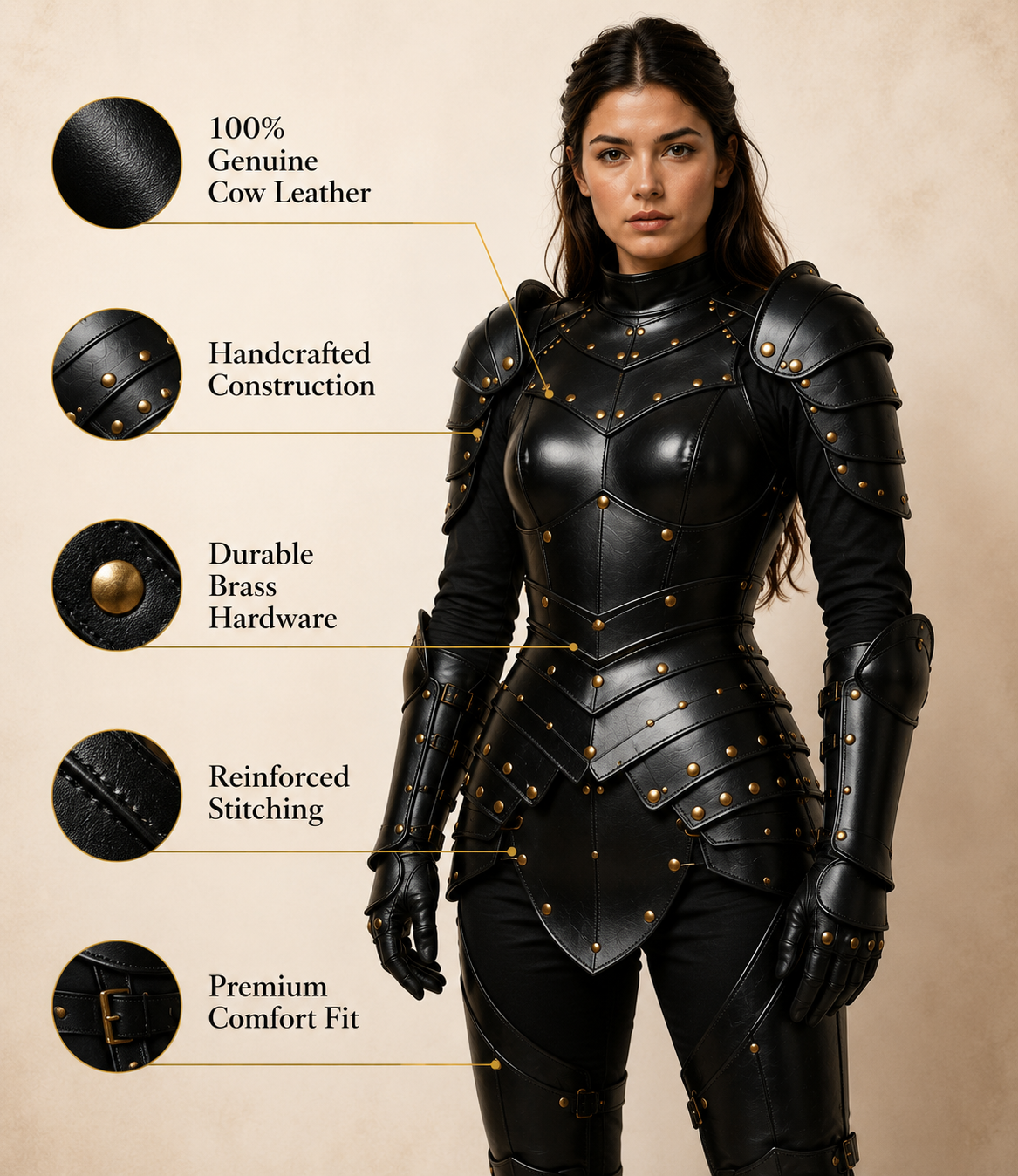 HAMS Women's Genuine Cow Leather Medieval Knight Armor Set – Handmade Black LARP, Renaissance & Cosplay Costume