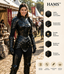 HAMS Women's Genuine Cow Leather Medieval Knight Armor Set – Handmade Black LARP, Renaissance & Cosplay Costume