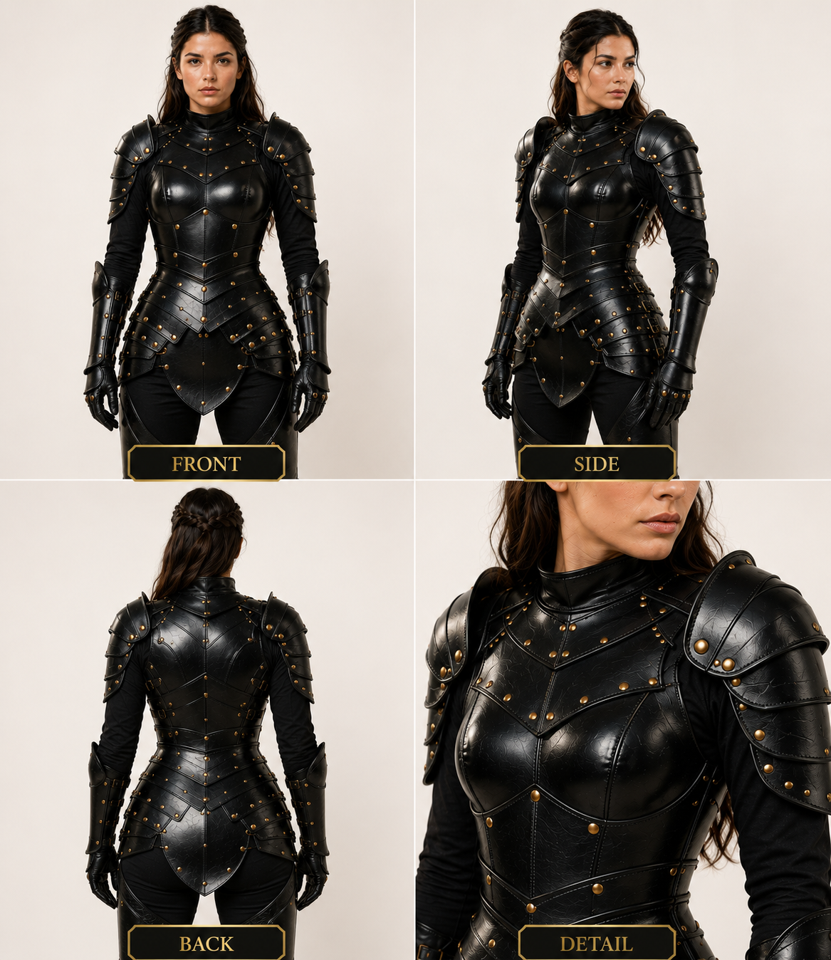 HAMS Women's Genuine Cow Leather Medieval Knight Armor Set – Handmade Black LARP, Renaissance & Cosplay Costume