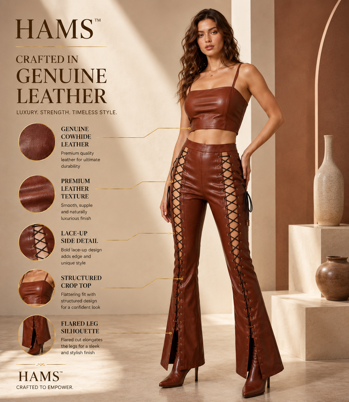 HAMS™ Women’s Genuine Cowhide Leather 2-Piece Crop Top and Lace-Up Flared Pants Set, Brown Leather Outfit