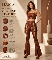HAMS™ Women’s Genuine Cowhide Leather 2-Piece Crop Top and Lace-Up Flared Pants Set, Brown Leather Outfit