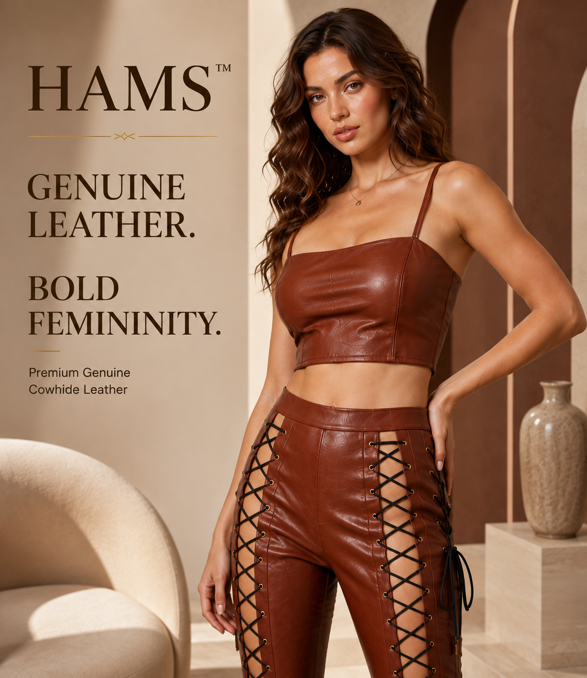 HAMS™ Women’s Genuine Cowhide Leather 2-Piece Crop Top and Lace-Up Flared Pants Set, Brown Leather Outfit
