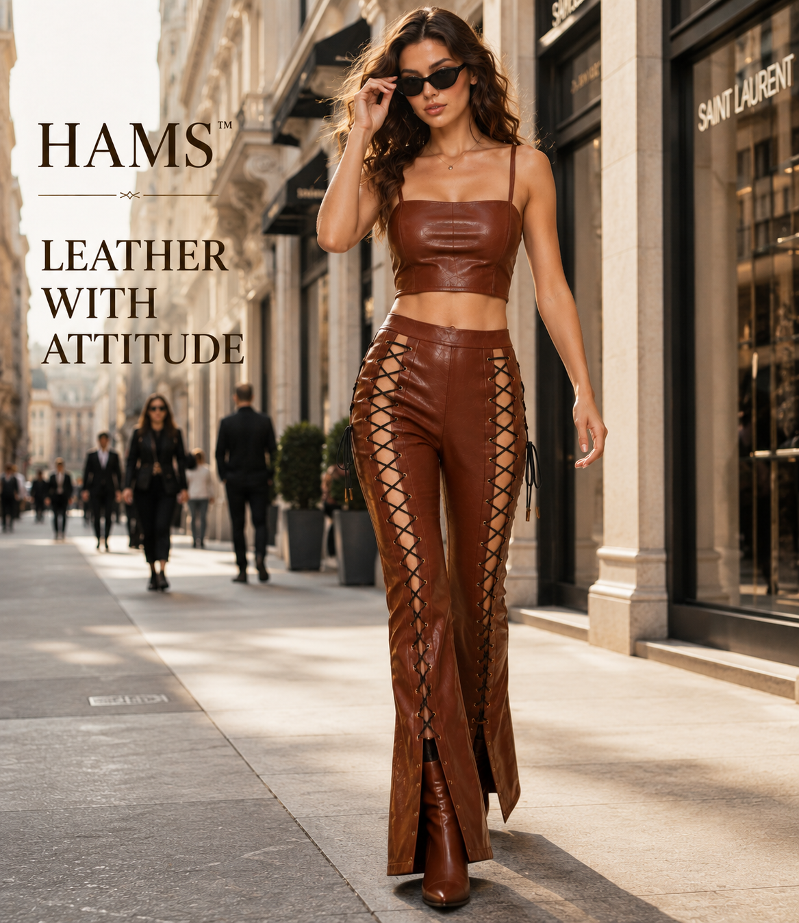 HAMS™ Women’s Genuine Cowhide Leather 2-Piece Crop Top and Lace-Up Flared Pants Set, Brown Leather Outfit