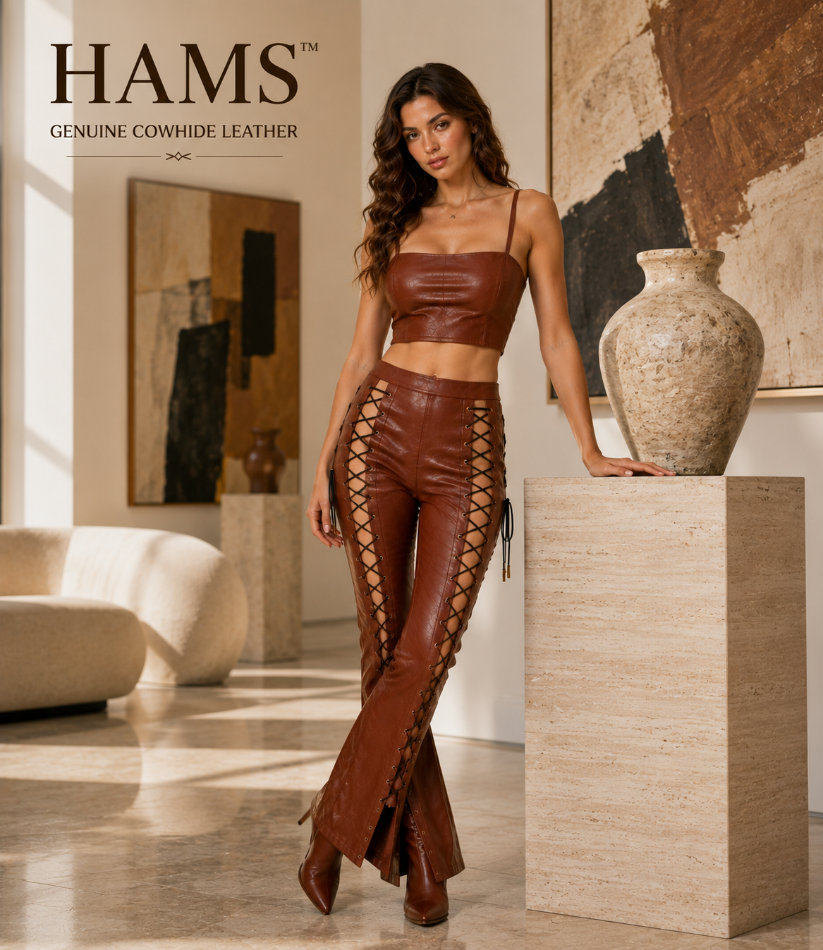 HAMS™ Women’s Genuine Cowhide Leather 2-Piece Crop Top and Lace-Up Flared Pants Set, Brown Leather Outfit