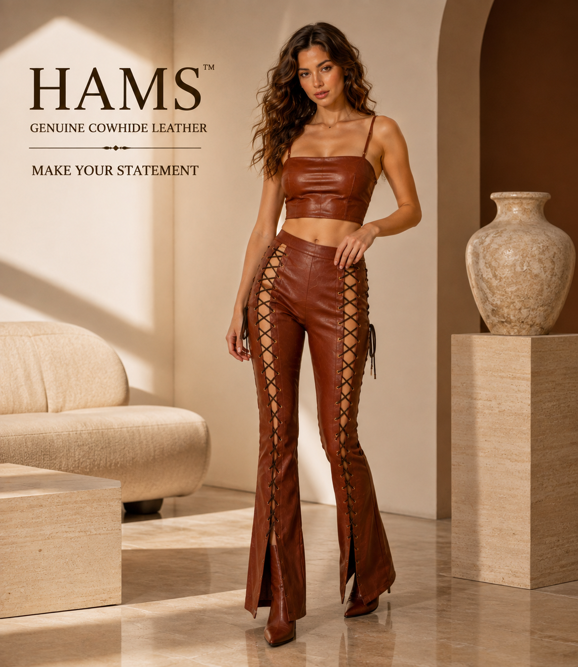 HAMS™ Women’s Genuine Cowhide Leather 2-Piece Crop Top and Lace-Up Flared Pants Set, Brown Leather Outfit