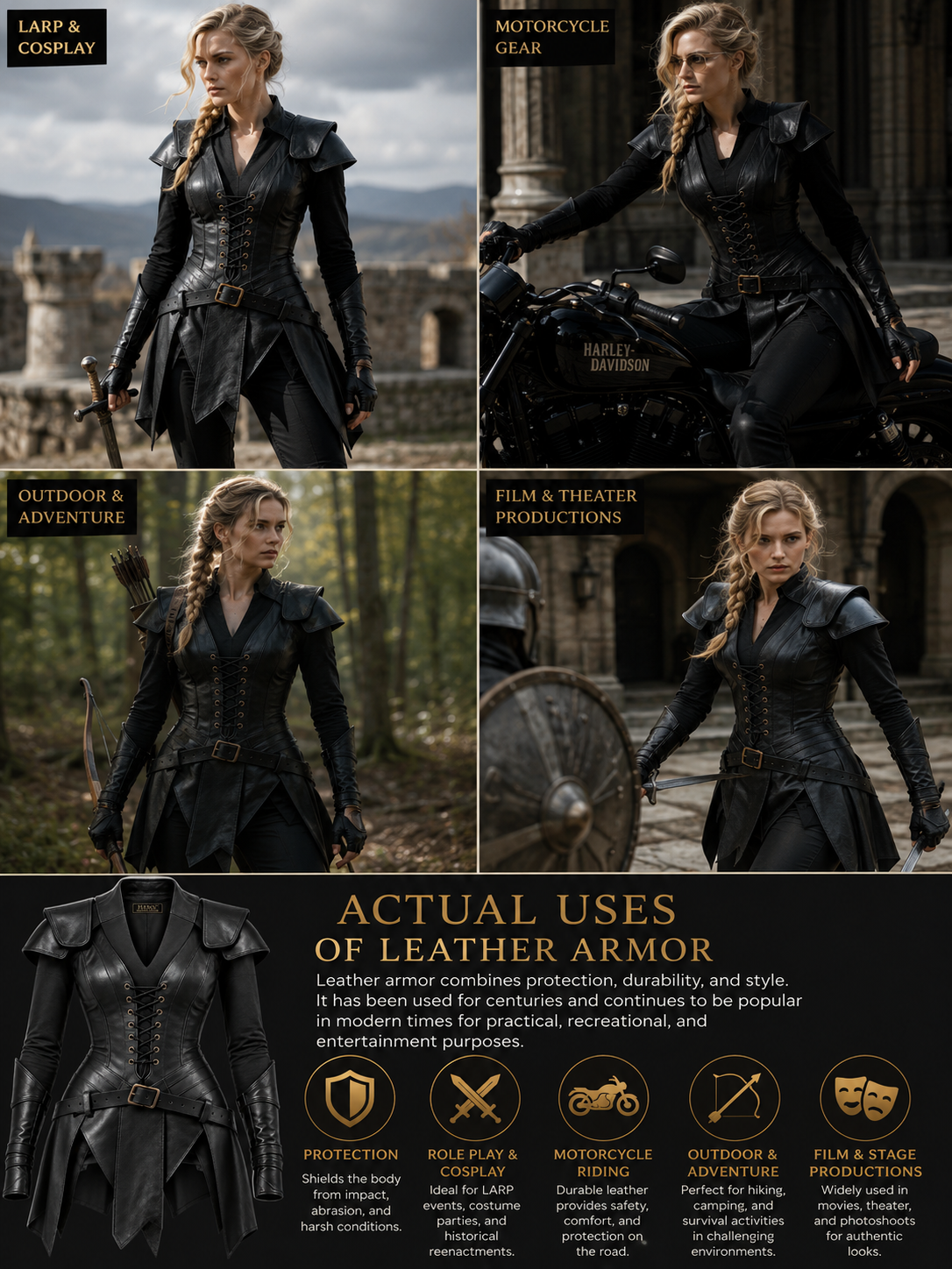 HAMS Women's Cowhide Leather Armor Dress, Black Medieval Gothic Warrior Costume with Shoulder Guards & Lace-Up Front