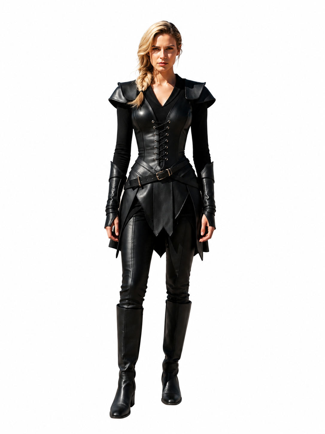 HAMS Women's Cowhide Leather Armor Dress, Black Medieval Gothic Warrior Costume with Shoulder Guards & Lace-Up Front