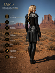 HAMS Women's Cowhide Leather Armor Dress, Black Medieval Gothic Warrior Costume with Shoulder Guards & Lace-Up Front