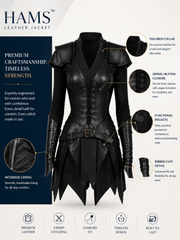 HAMS Women's Cowhide Leather Armor Dress, Black Medieval Gothic Warrior Costume with Shoulder Guards & Lace-Up Front