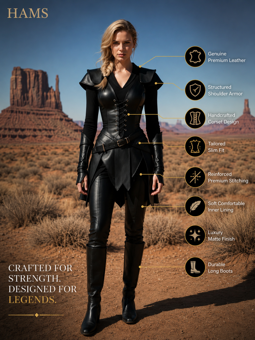 HAMS Women's Cowhide Leather Armor Dress, Black Medieval Gothic Warrior Costume with Shoulder Guards & Lace-Up Front