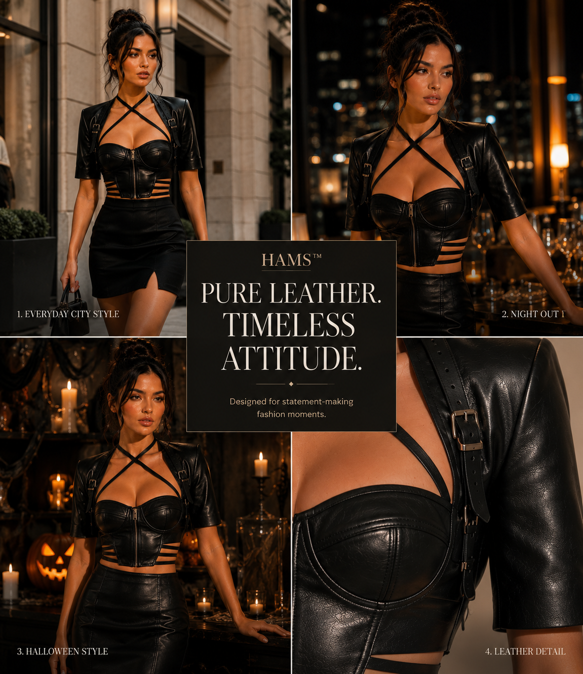 Women’s Genuine Leather Cropped Jacket, Black Short Sleeve Biker-Style Jacket with Strappy Back Detail and Buckle Accents