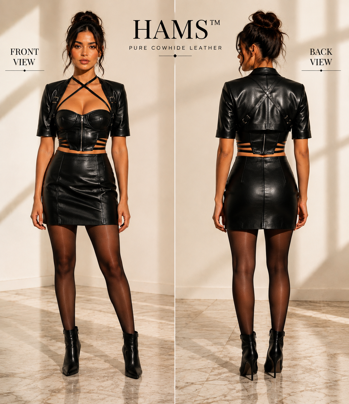 Women’s Genuine Leather Cropped Jacket, Black Short Sleeve Biker-Style Jacket with Strappy Back Detail and Buckle Accents